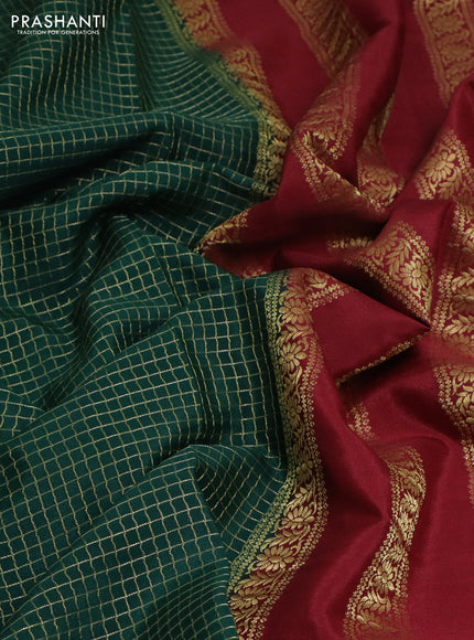 Pure mysore silk saree bottle green and maroon with allover small zari checked pattern and zari woven border