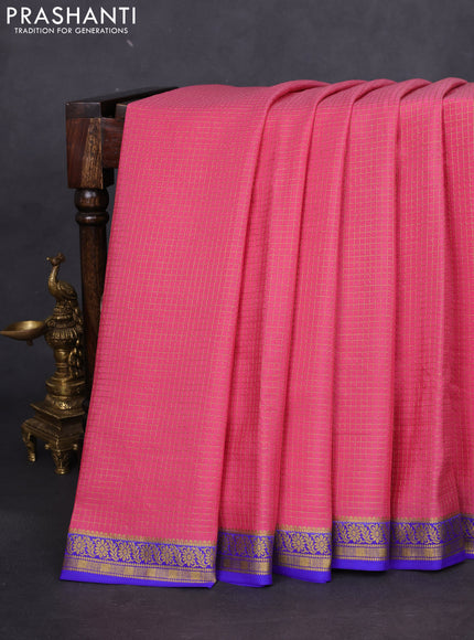 Pure mysore silk saree peach pink and royal blue with allover small zari checked pattern and zari woven border