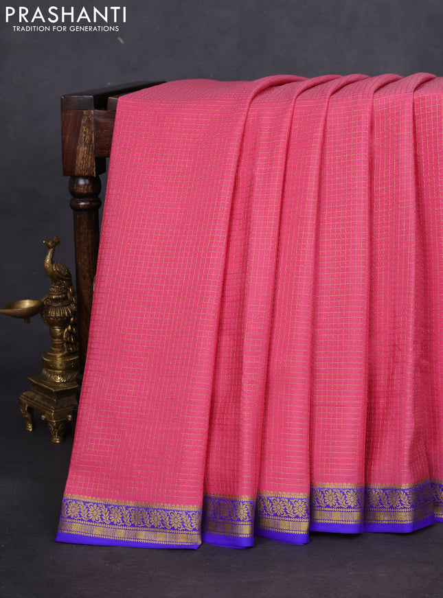 Pure mysore silk saree peach pink and royal blue with allover small zari checked pattern and zari woven border