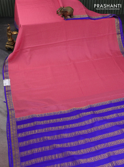 Pure mysore silk saree peach pink and royal blue with allover small zari checked pattern and zari woven border