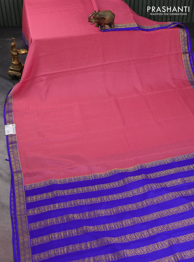 Pure mysore silk saree peach pink and royal blue with allover small zari checked pattern and zari woven border