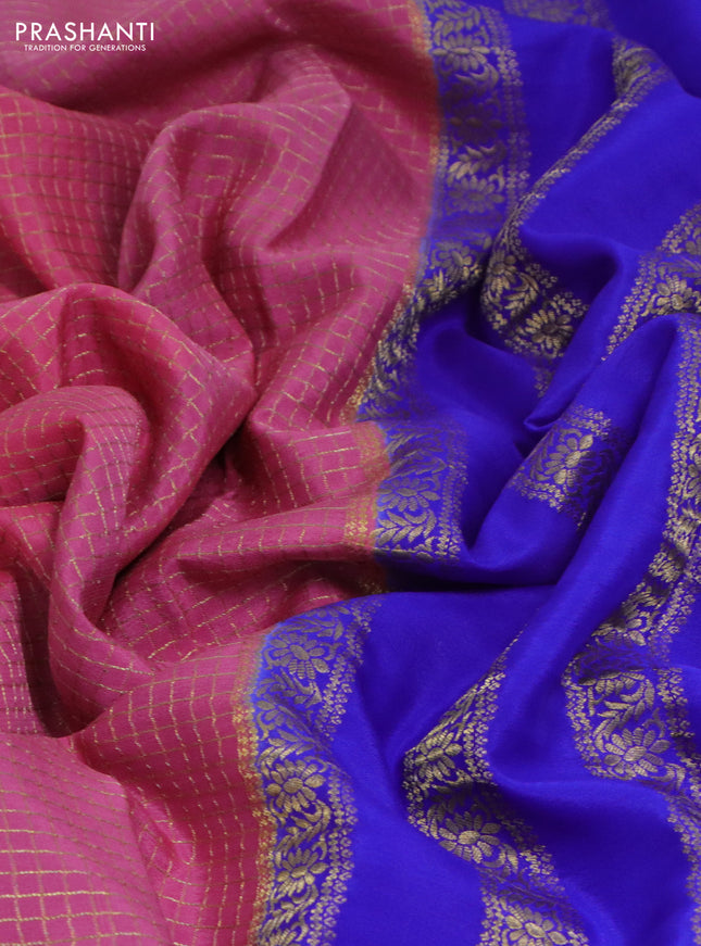 Pure mysore silk saree peach pink and royal blue with allover small zari checked pattern and zari woven border