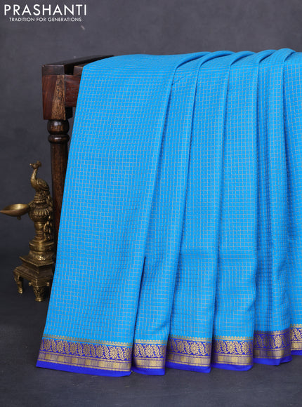 Pure mysore silk saree cs blue and royal blue with allover small zari checked pattern and zari woven border