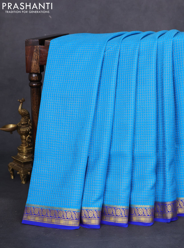 Pure mysore silk saree cs blue and royal blue with allover small zari checked pattern and zari woven border