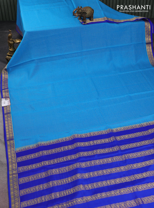 Pure mysore silk saree cs blue and royal blue with allover small zari checked pattern and zari woven border