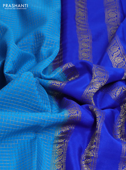Pure mysore silk saree cs blue and royal blue with allover small zari checked pattern and zari woven border