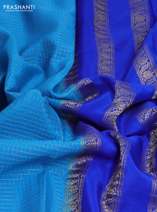 Pure mysore silk saree cs blue and royal blue with allover small zari checked pattern and zari woven border