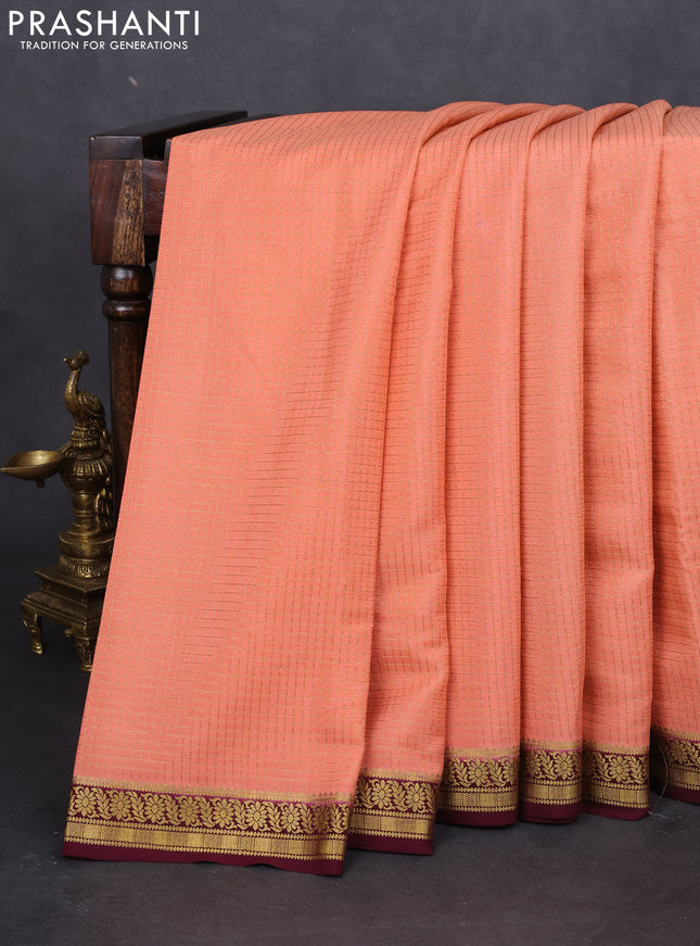 Pure mysore silk saree peach shade and wine shade with allover small zari checked pattern and zari woven border