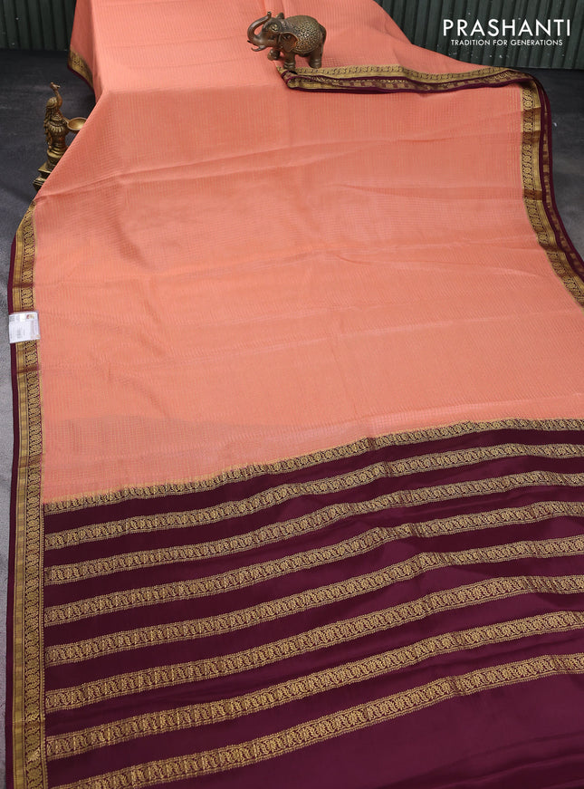 Pure mysore silk saree peach shade and wine shade with allover small zari checked pattern and zari woven border