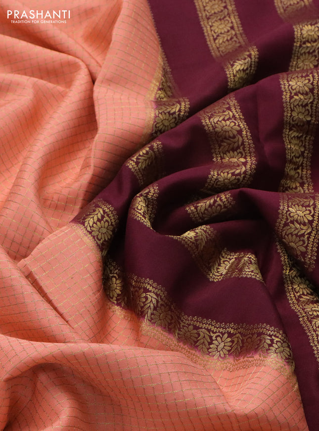 Pure mysore silk saree peach shade and wine shade with allover small zari checked pattern and zari woven border