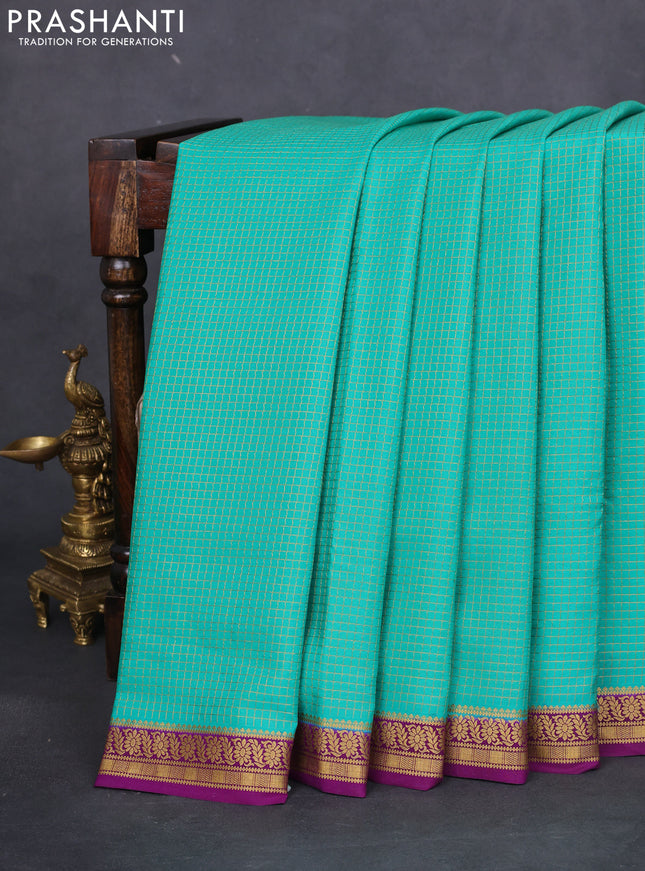 Pure mysore silk saree teal green and purple with allover small zari checked pattern and zari woven border