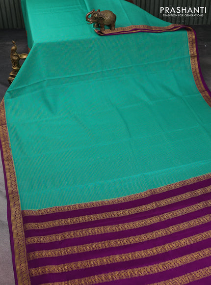 Pure mysore silk saree teal green and purple with allover small zari checked pattern and zari woven border