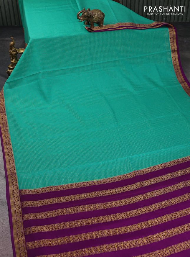 Pure mysore silk saree teal green and purple with allover small zari checked pattern and zari woven border