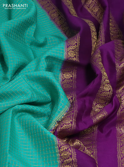 Pure mysore silk saree teal green and purple with allover small zari checked pattern and zari woven border