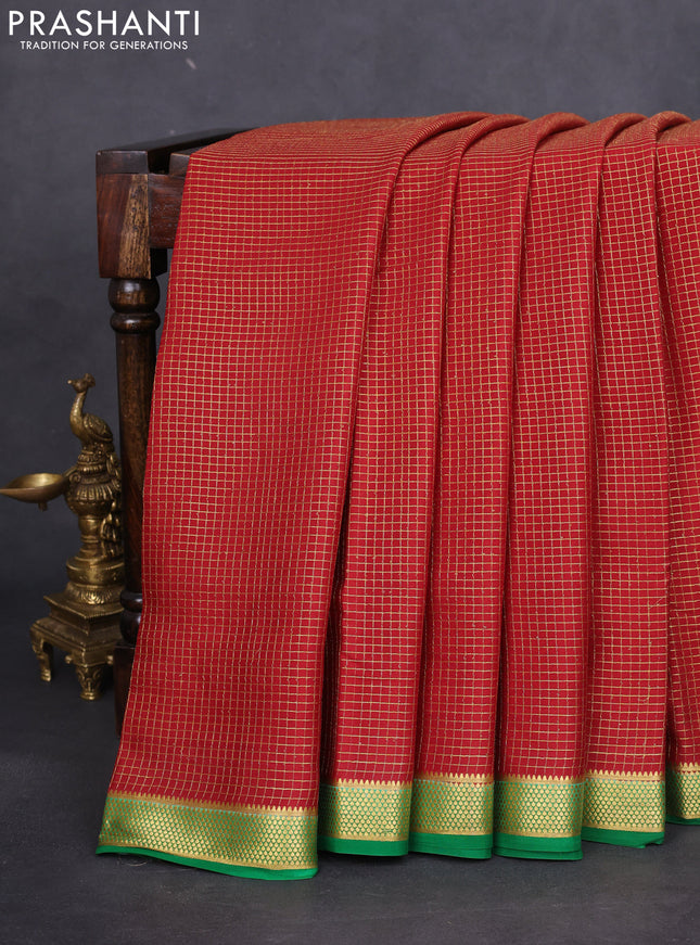 Pure mysore silk saree maroon and green with allover small zari checked pattern and zari woven border