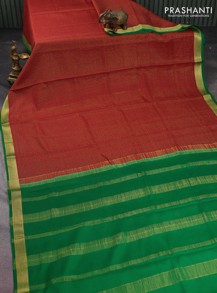 Pure mysore silk saree maroon and green with allover small zari checked pattern and zari woven border