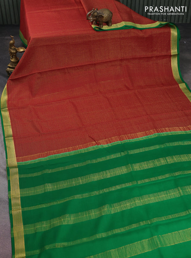 Pure mysore silk saree maroon and green with allover small zari checked pattern and zari woven border