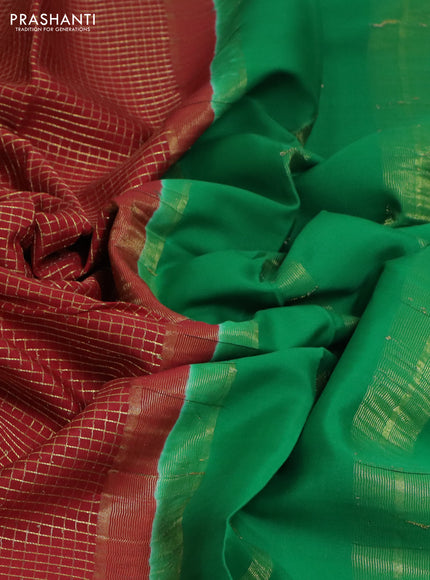 Pure mysore silk saree maroon and green with allover small zari checked pattern and zari woven border