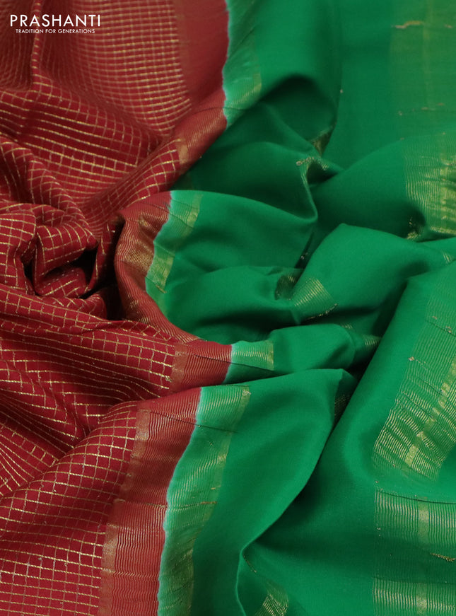 Pure mysore silk saree maroon and green with allover small zari checked pattern and zari woven border