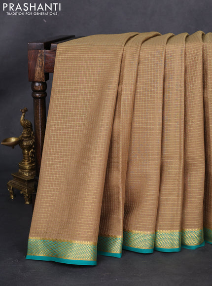 Pure mysore silk saree dark sandal and teal green with allover small zari checked pattern and zari woven border