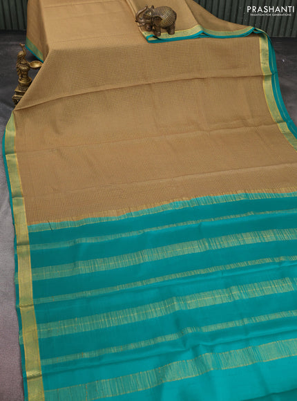Pure mysore silk saree dark sandal and teal green with allover small zari checked pattern and zari woven border