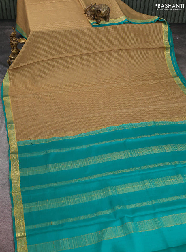Pure mysore silk saree dark sandal and teal green with allover small zari checked pattern and zari woven border