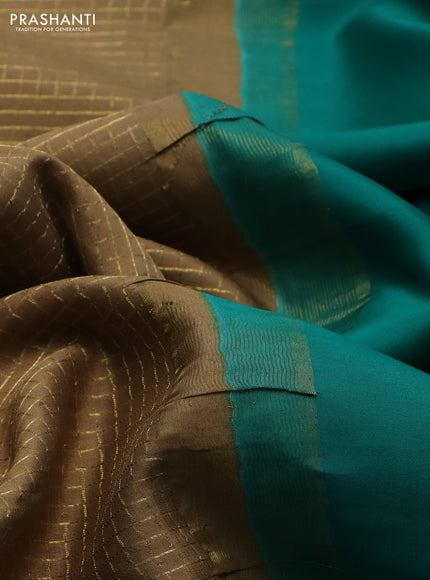 Pure mysore silk saree dark sandal and teal green with allover small zari checked pattern and zari woven border