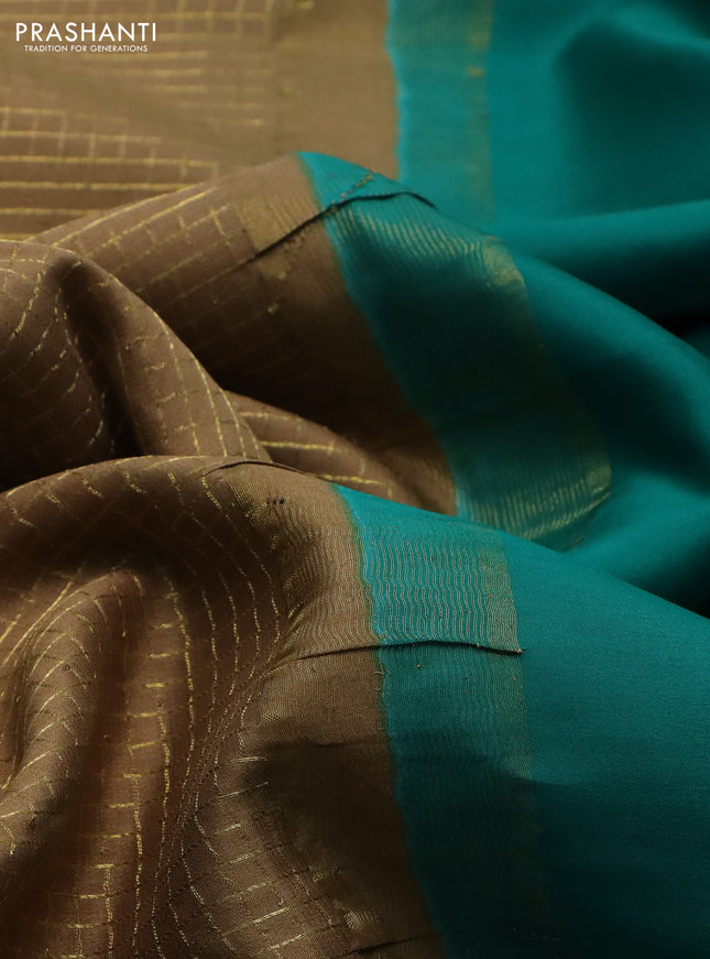 Pure mysore silk saree dark sandal and teal green with allover small zari checked pattern and zari woven border