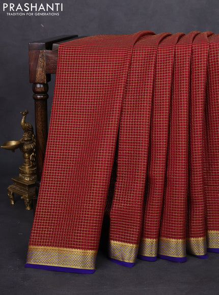 Pure mysore silk saree deep maroon and blue with allover small zari checked pattern and zari woven border
