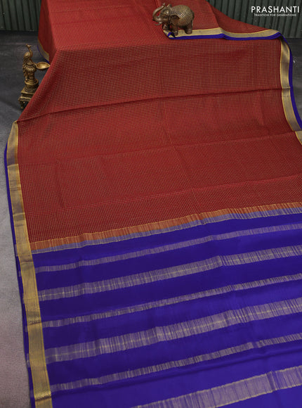 Pure mysore silk saree deep maroon and blue with allover small zari checked pattern and zari woven border
