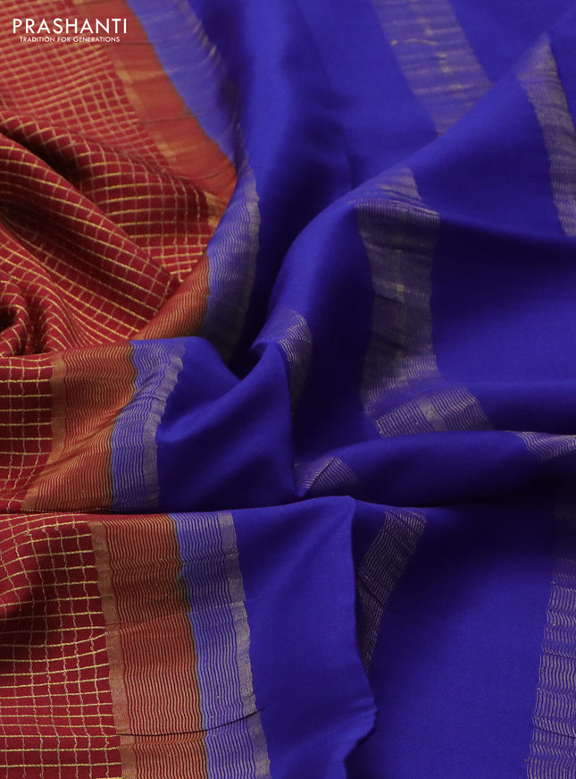 Pure mysore silk saree deep maroon and blue with allover small zari checked pattern and zari woven border