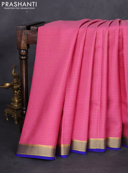 Pure mysore silk saree peach pink and blue with allover small zari checked pattern and zari woven border
