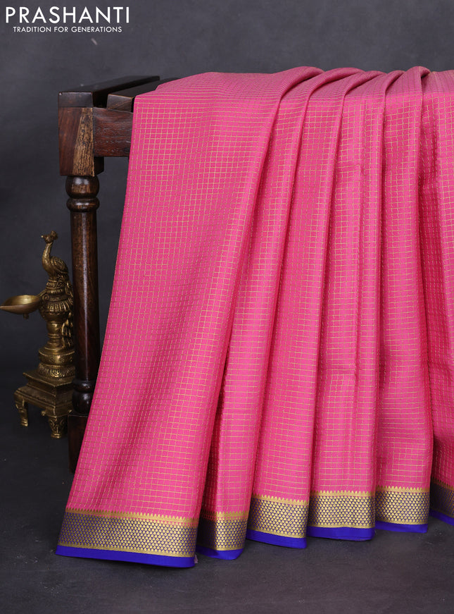 Pure mysore silk saree peach pink and blue with allover small zari checked pattern and zari woven border