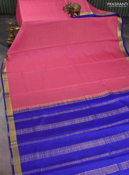 Pure mysore silk saree peach pink and blue with allover small zari checked pattern and zari woven border