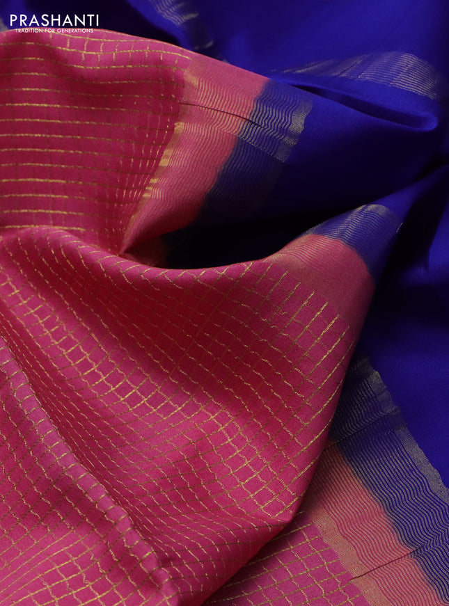 Pure mysore silk saree peach pink and blue with allover small zari checked pattern and zari woven border
