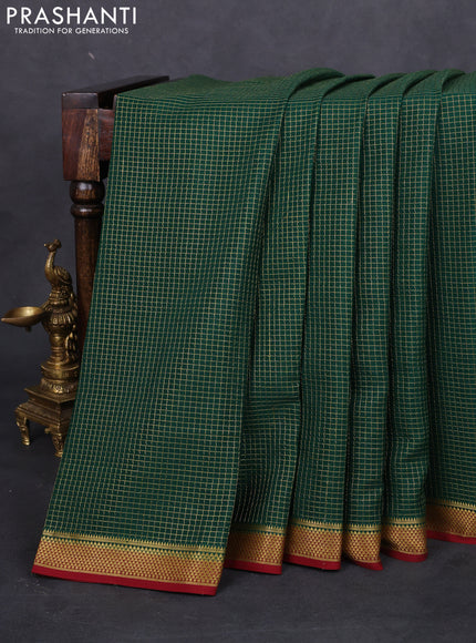 Pure mysore silk saree bottle green and maroon with allover small zari checked pattern and zari woven border