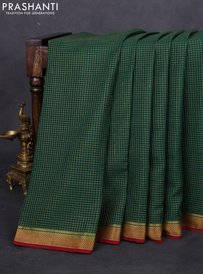 Pure mysore silk saree bottle green and maroon with allover small zari checked pattern and zari woven border
