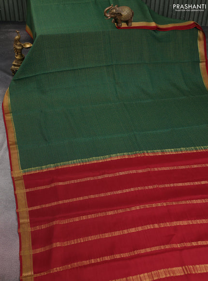 Pure mysore silk saree bottle green and maroon with allover small zari checked pattern and zari woven border