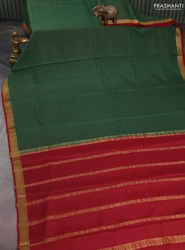 Pure mysore silk saree bottle green and maroon with allover small zari checked pattern and zari woven border