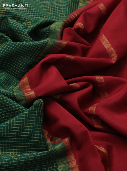Pure mysore silk saree bottle green and maroon with allover small zari checked pattern and zari woven border