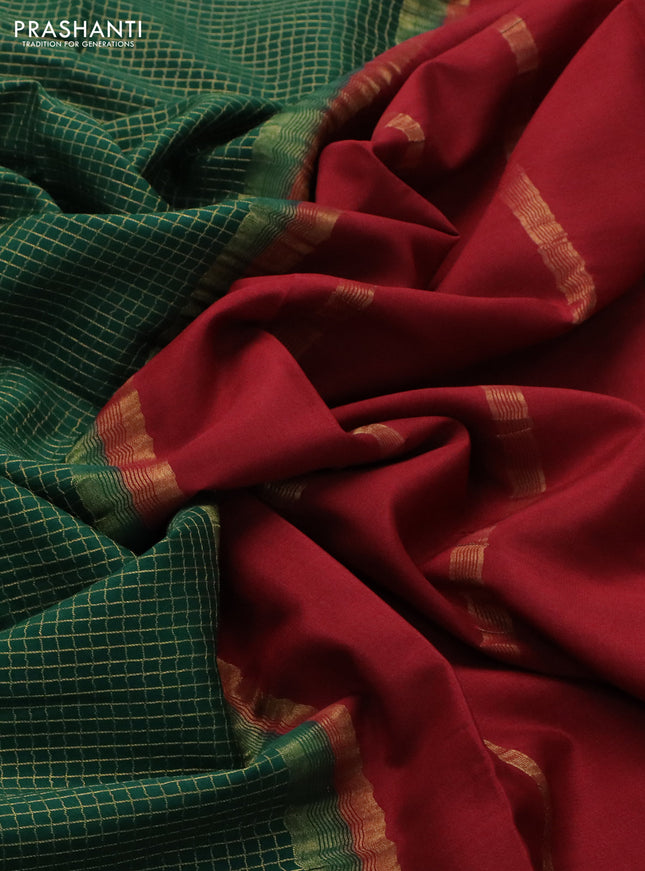 Pure mysore silk saree bottle green and maroon with allover small zari checked pattern and zari woven border