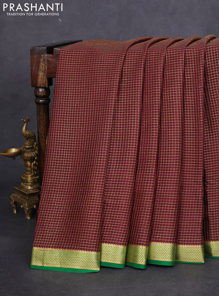 Pure mysore silk saree deep maroon and green with allover small zari checked pattern and zari woven border