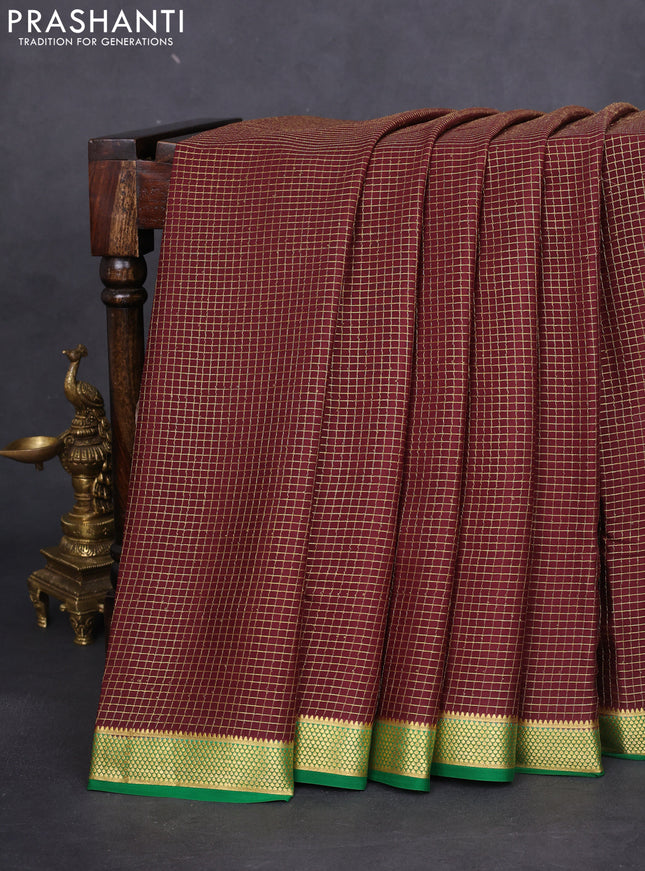 Pure mysore silk saree deep maroon and green with allover small zari checked pattern and zari woven border