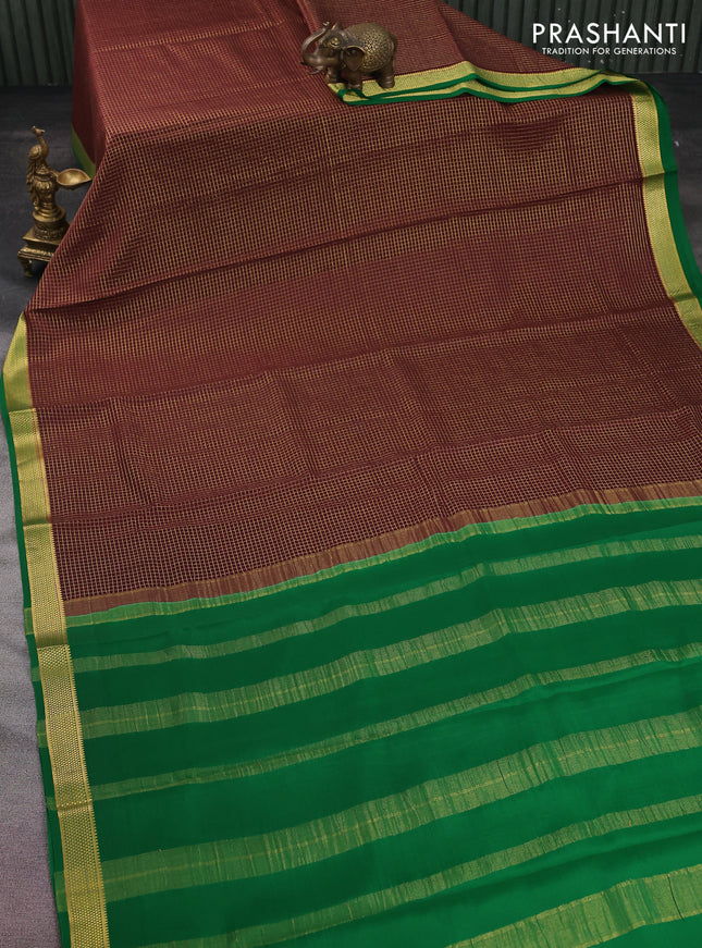 Pure mysore silk saree deep maroon and green with allover small zari checked pattern and zari woven border