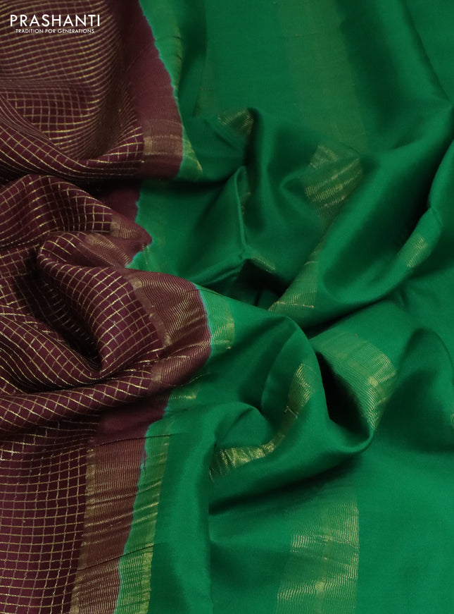 Pure mysore silk saree deep maroon and green with allover small zari checked pattern and zari woven border