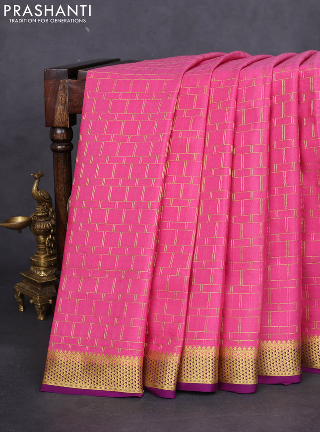 Pure mysore silk saree peach pink and purple with allover zari checked pattern and zari woven border