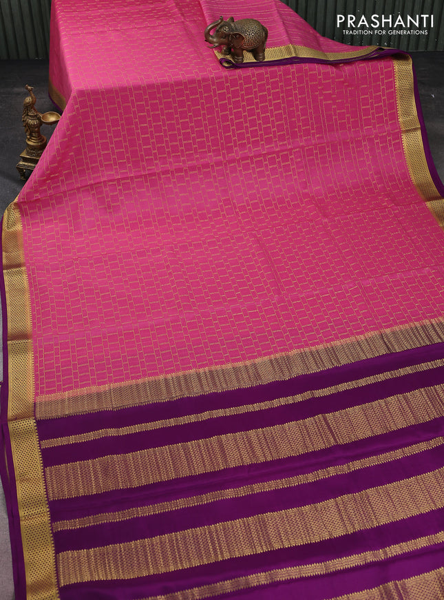 Pure mysore silk saree peach pink and purple with allover zari checked pattern and zari woven border
