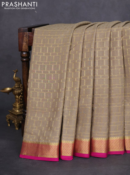 Pure mysore silk saree elaichi green and dark pink with allover zari checked pattern and zari woven border