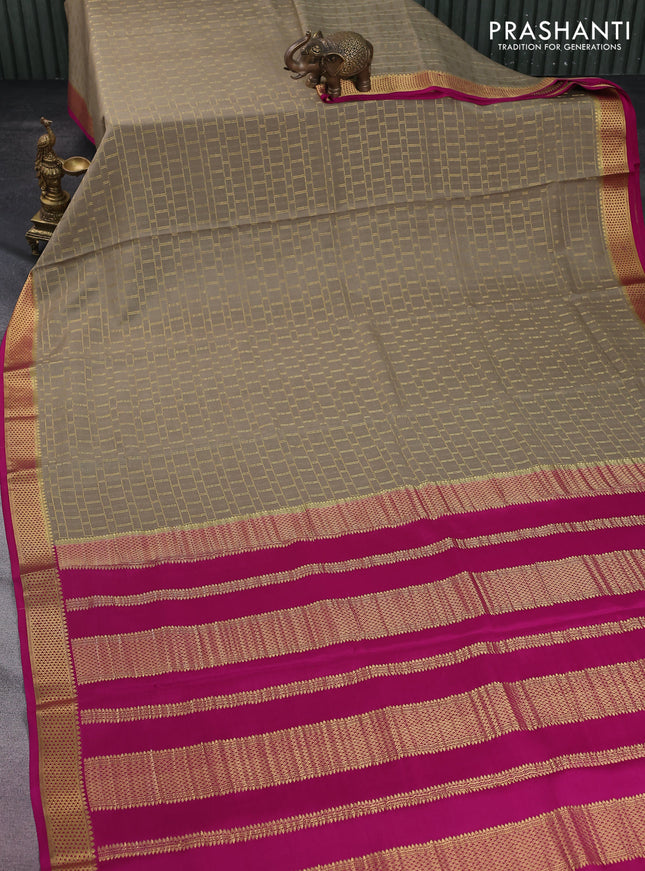 Pure mysore silk saree elaichi green and dark pink with allover zari checked pattern and zari woven border