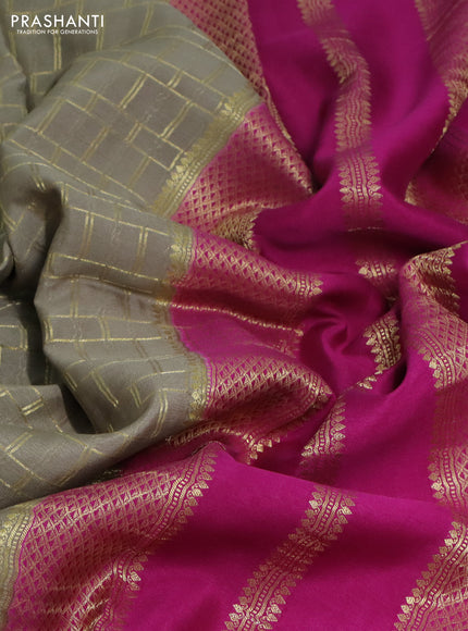 Pure mysore silk saree elaichi green and dark pink with allover zari checked pattern and zari woven border